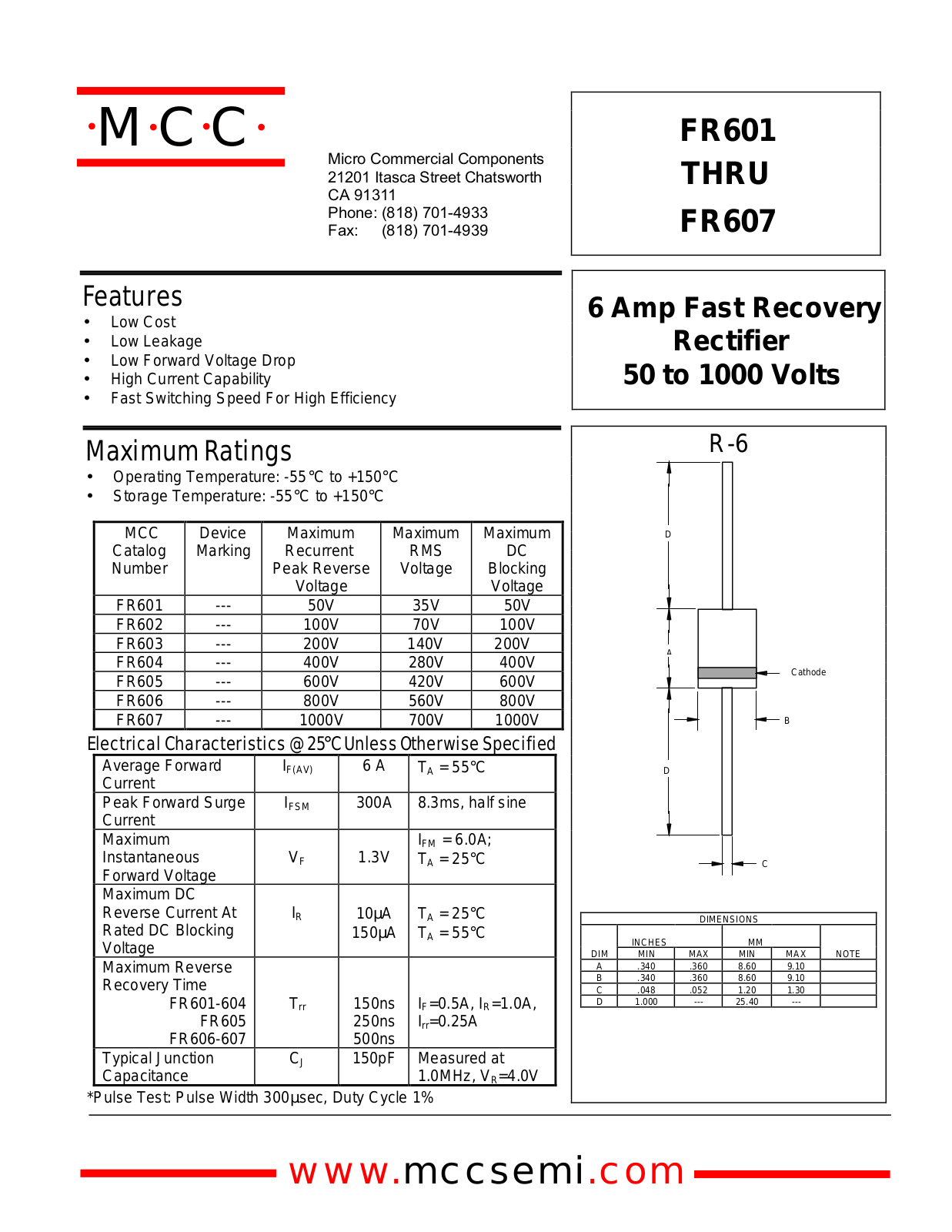 MCC FR602, FR604, FR603, FR605, FR606 Datasheet