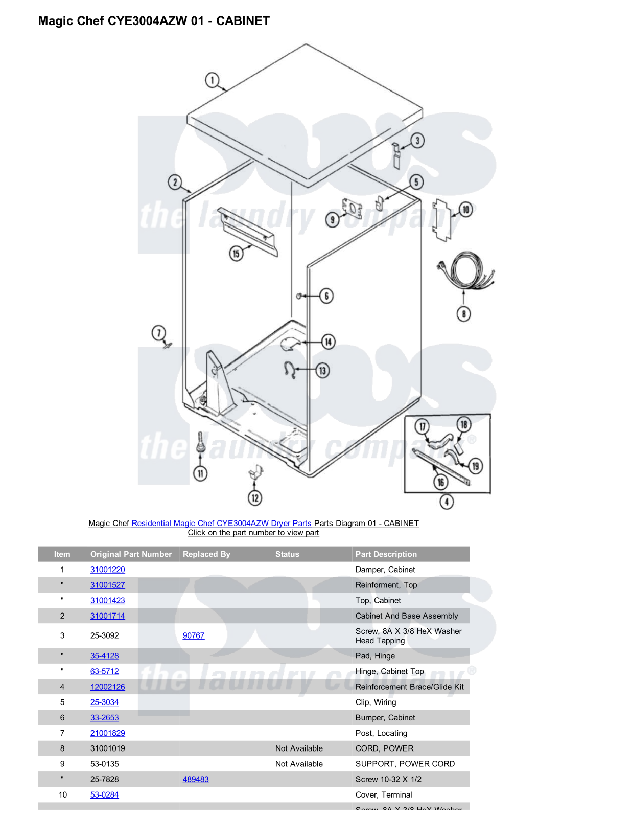 Magic Chef CYE3004AZW Parts Diagram