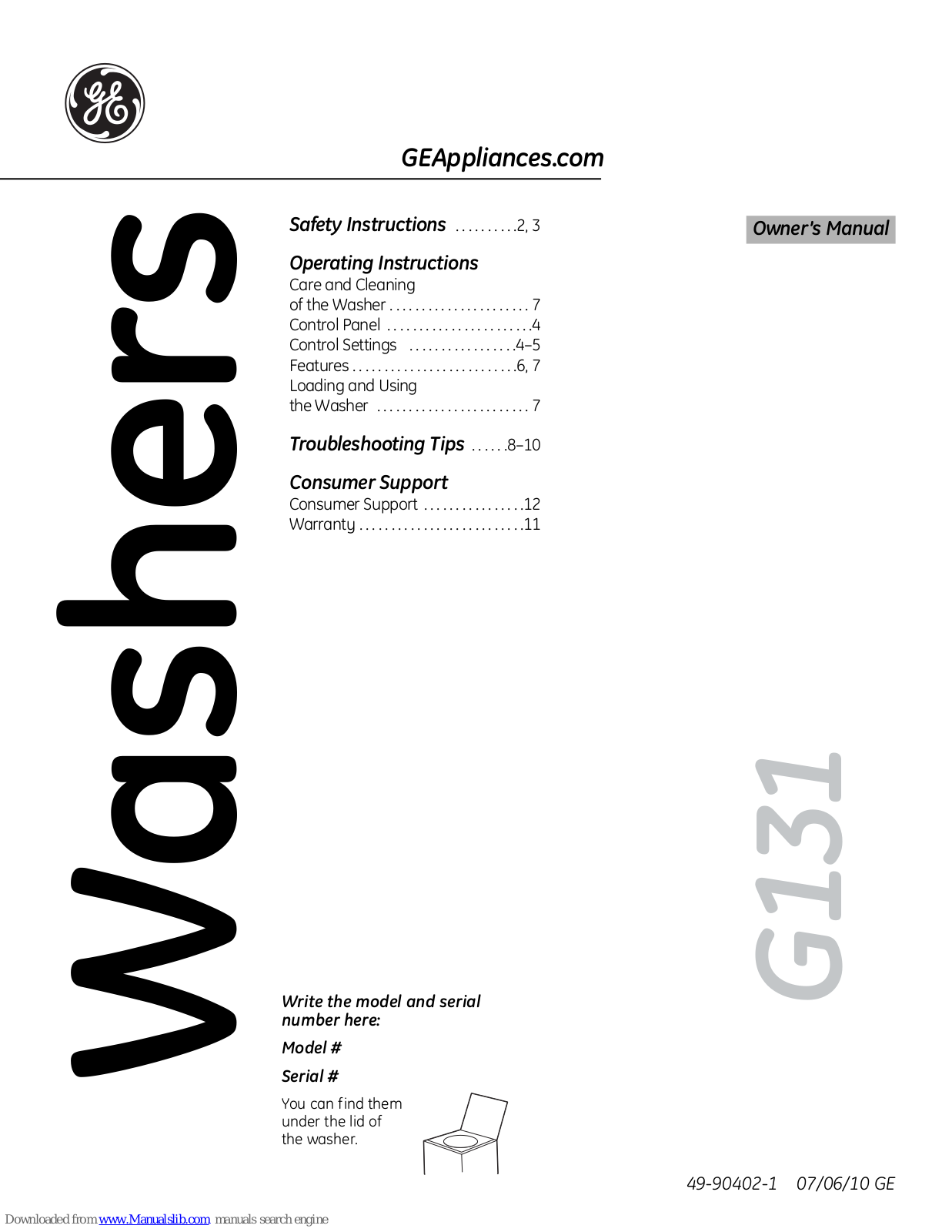 GE GRWN5150MWS, GTWN4950L, GTWN5050M, GTWN5050MWS, G131 Owner's Manual