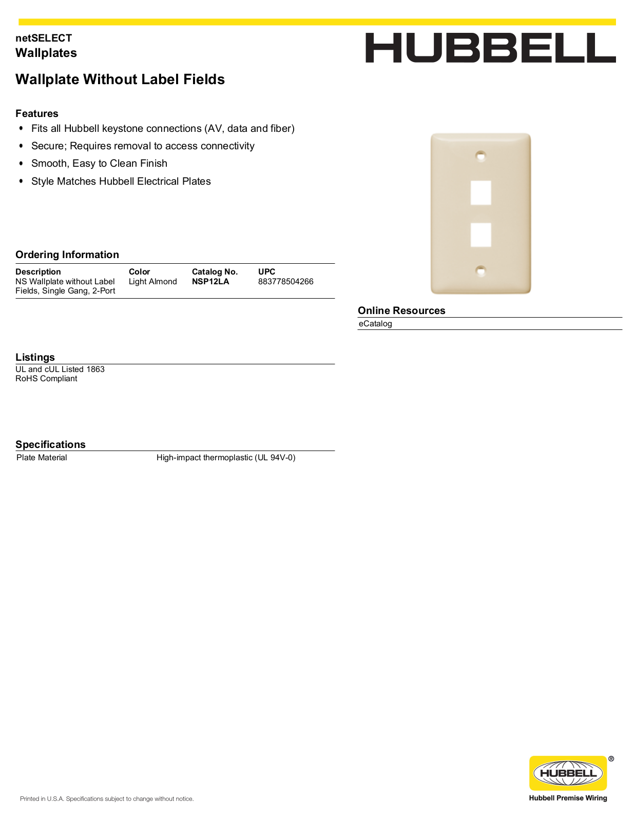 Hubbell NSP12LA Specifications