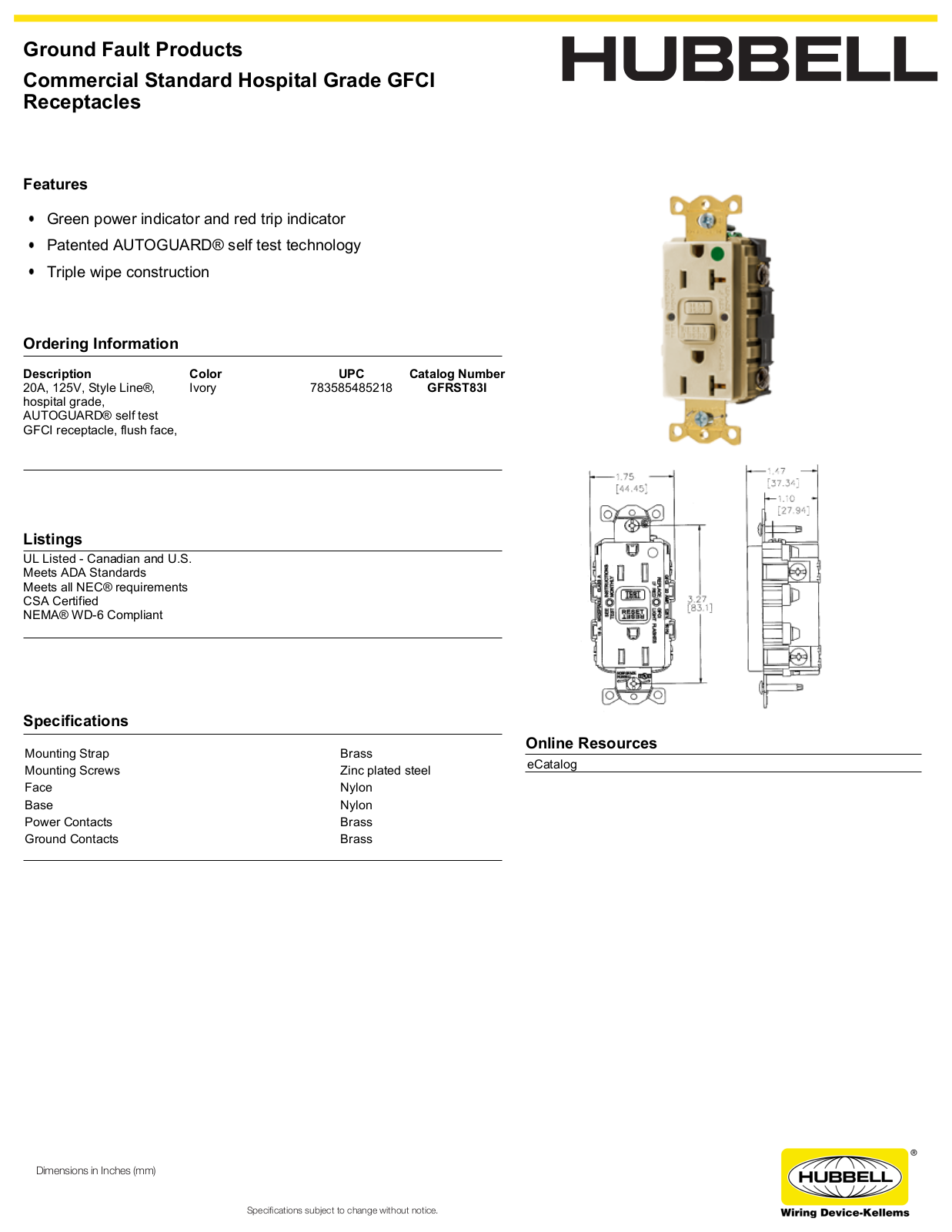 Hubbell GFRST83I Specifications