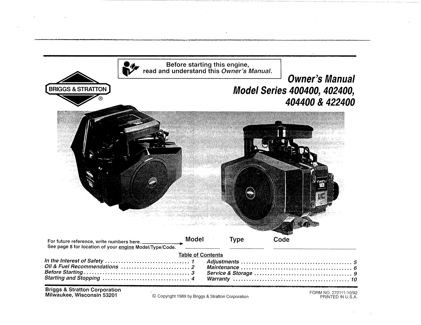 Briggs & Stratton 422400, 402400, 404400, 400400 User Manual