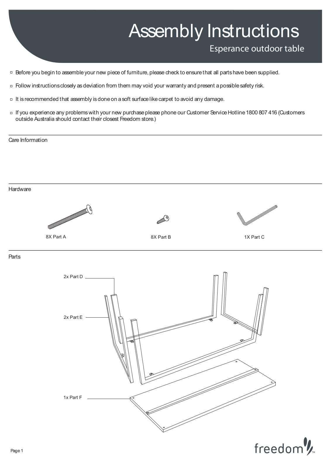 Freedom Esperance Table Assembly Instruction