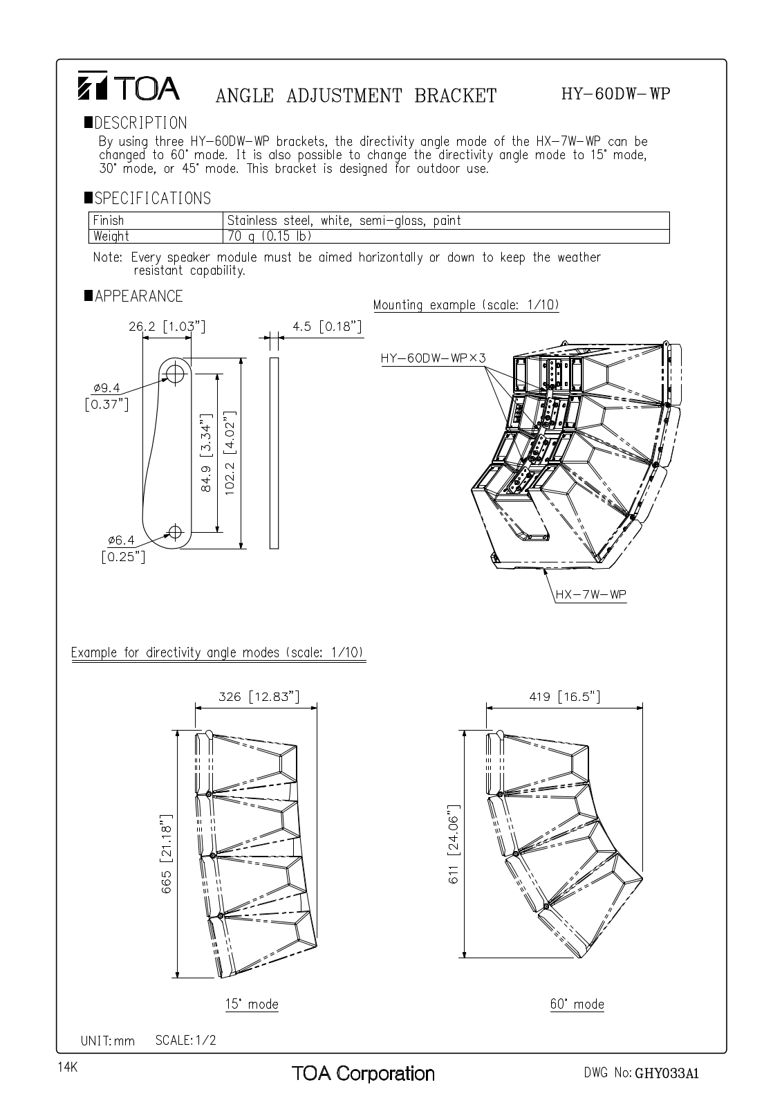 TOA HY-60DW-WP-3 User Manual