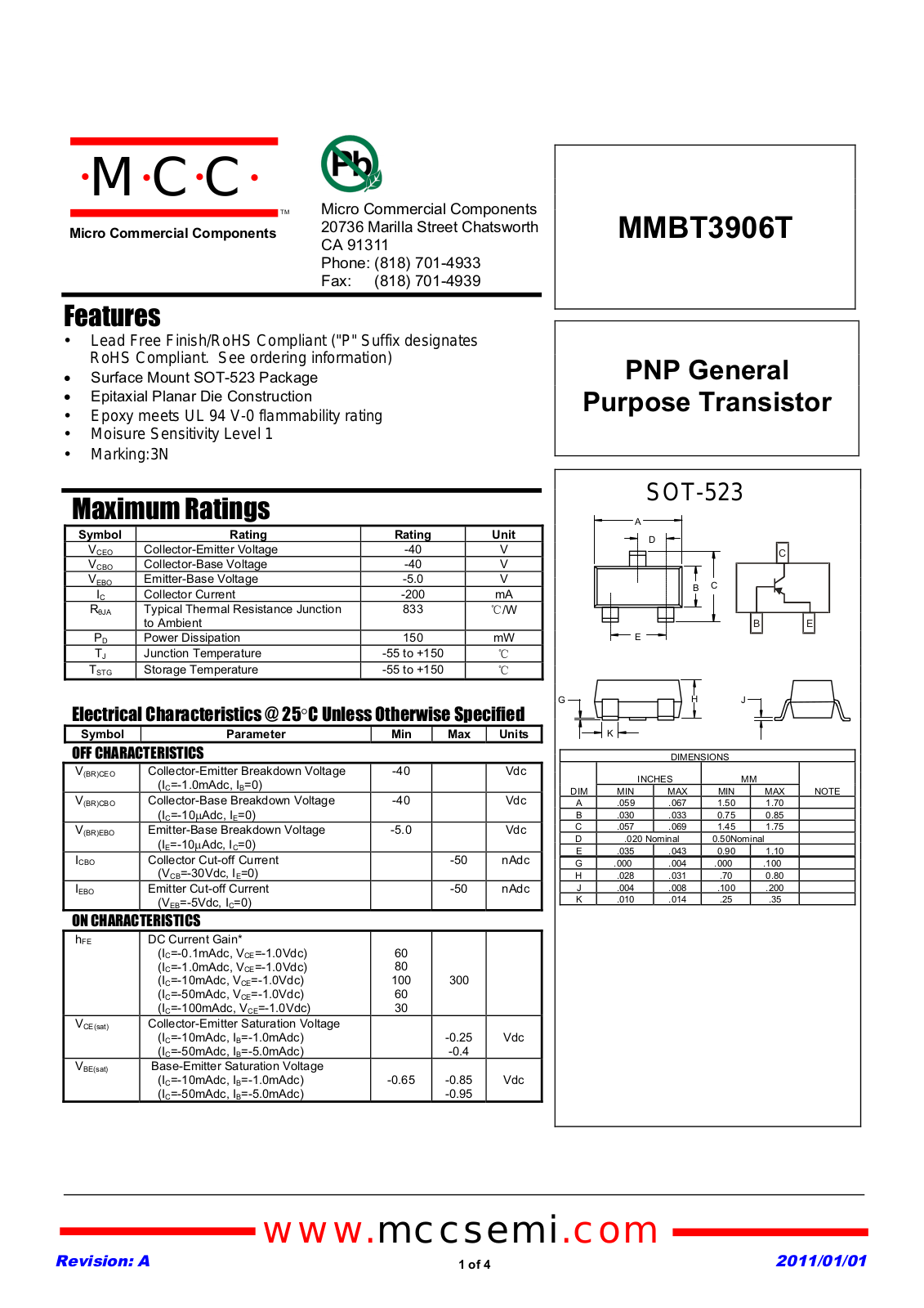 Datasheet mmbt3906t_sot-523 Datasheet - ManualMachine.com