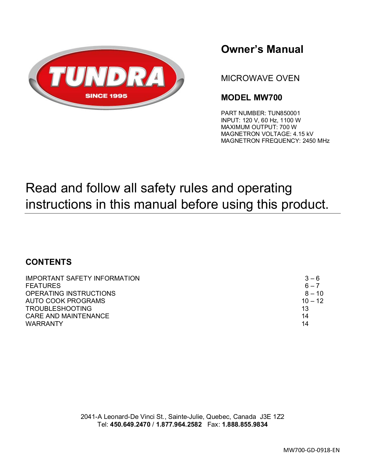 Tundra MW700 Owner's Manual