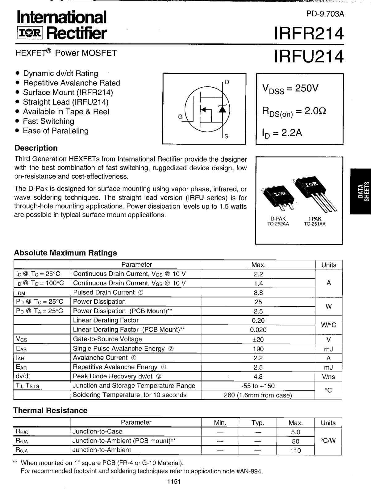 International Rectifier IRFU214, IRFR214 Datasheet