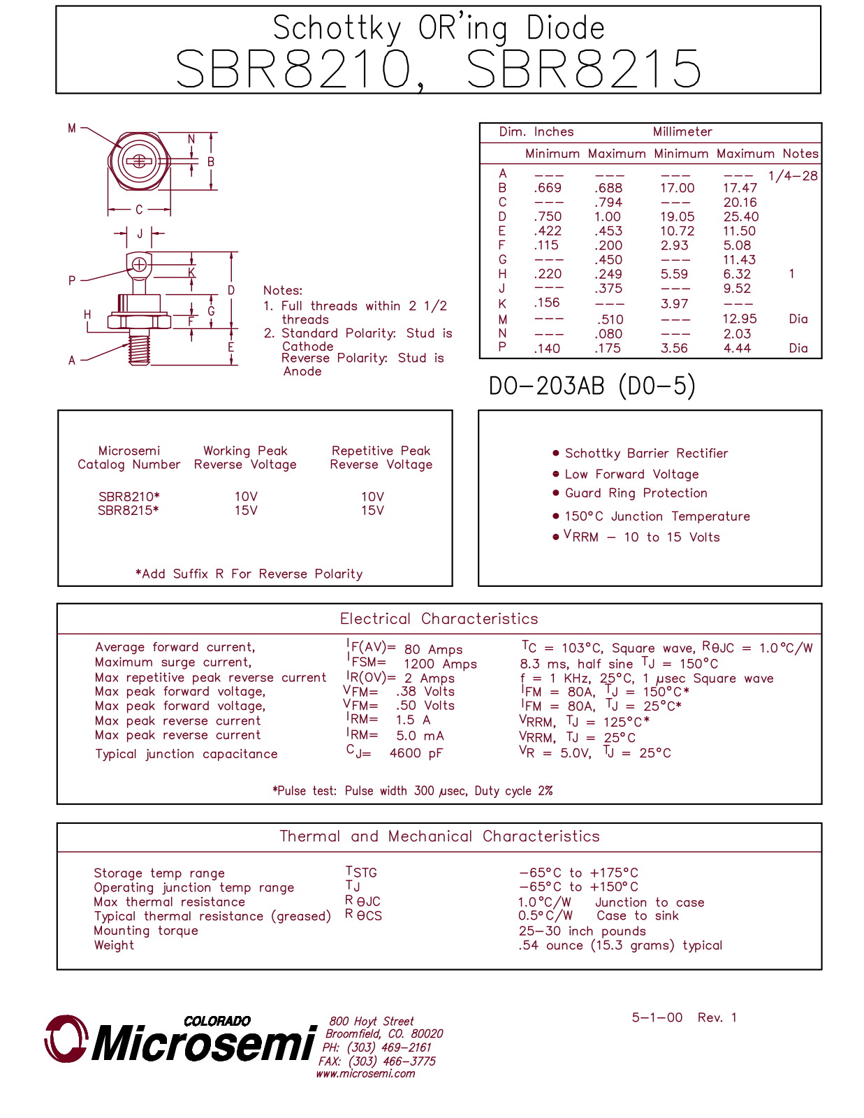 Microsemi Corporation SBR8210, SBR8215 Datasheet