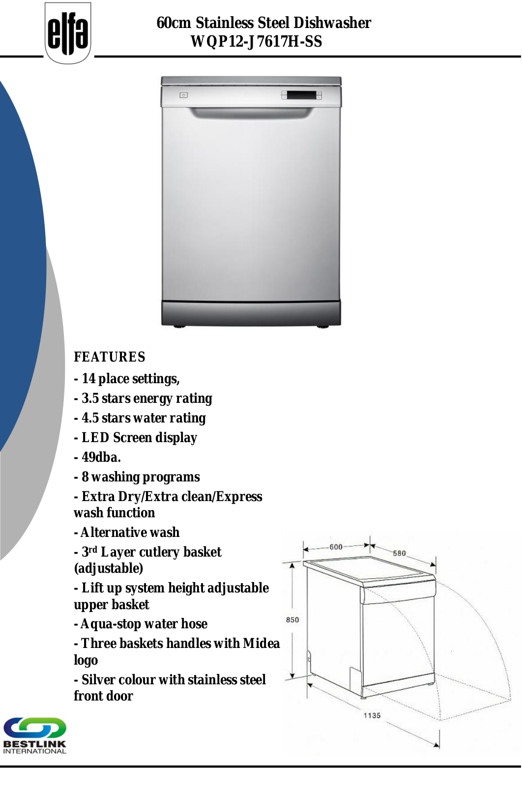 Midea WQP12-J7617H-SS Specifications Sheet