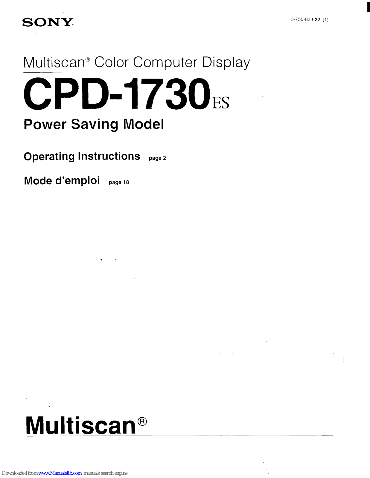 Sony CPD-1730 Operating Instructions (primary manual), Multiscan CPD-1730ES Operating Instructions Manual