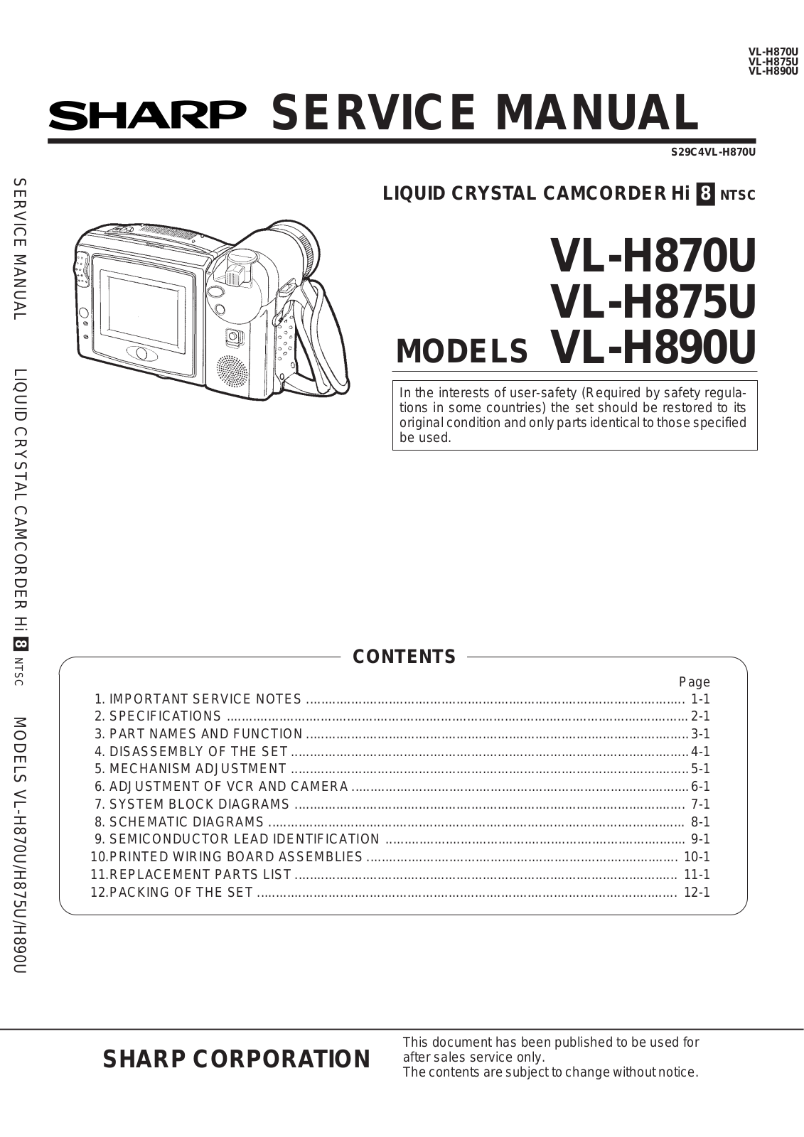 SHARP VLH870, VLH870U, VLH875U, VLH890U Service Manual