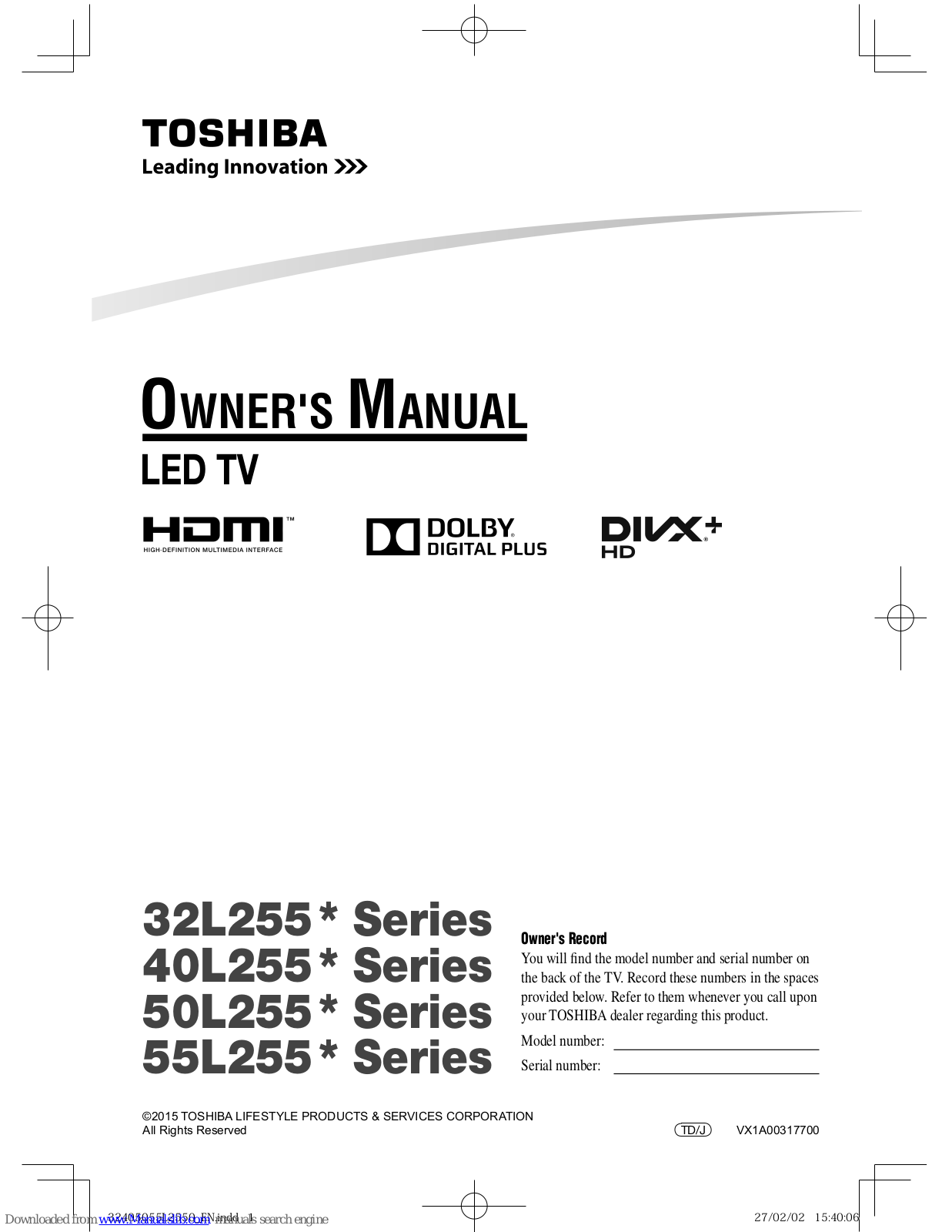 Toshiba 32L255 Series, 50L255 Series, 40L255 Series, 55L255 Series Owner's Manual