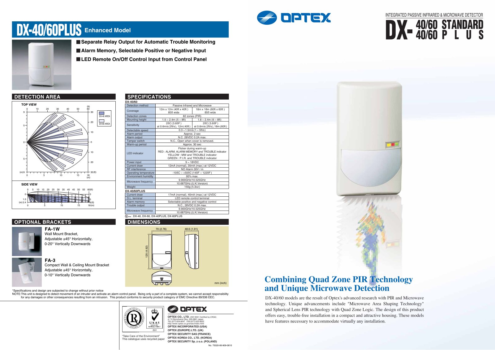 Optex DX-40PLUS, DX-60PLUS, DX-60 Specsheet