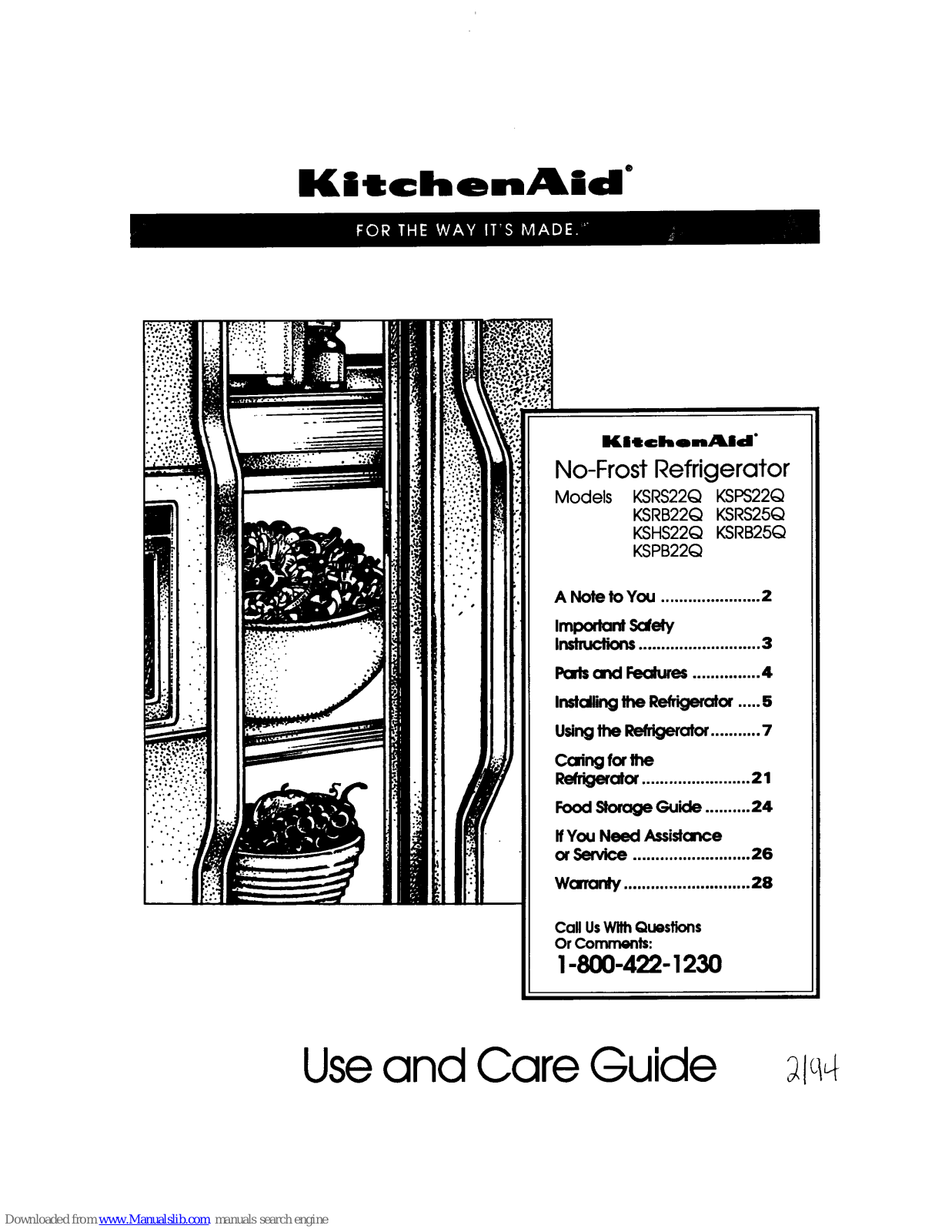 KitchenAid NO-FROST REFRIGERATOR KSHS22Q, KSRS22Q, KSRS25Q, KSPB22Q, KSPS22Q Use And Care Manual