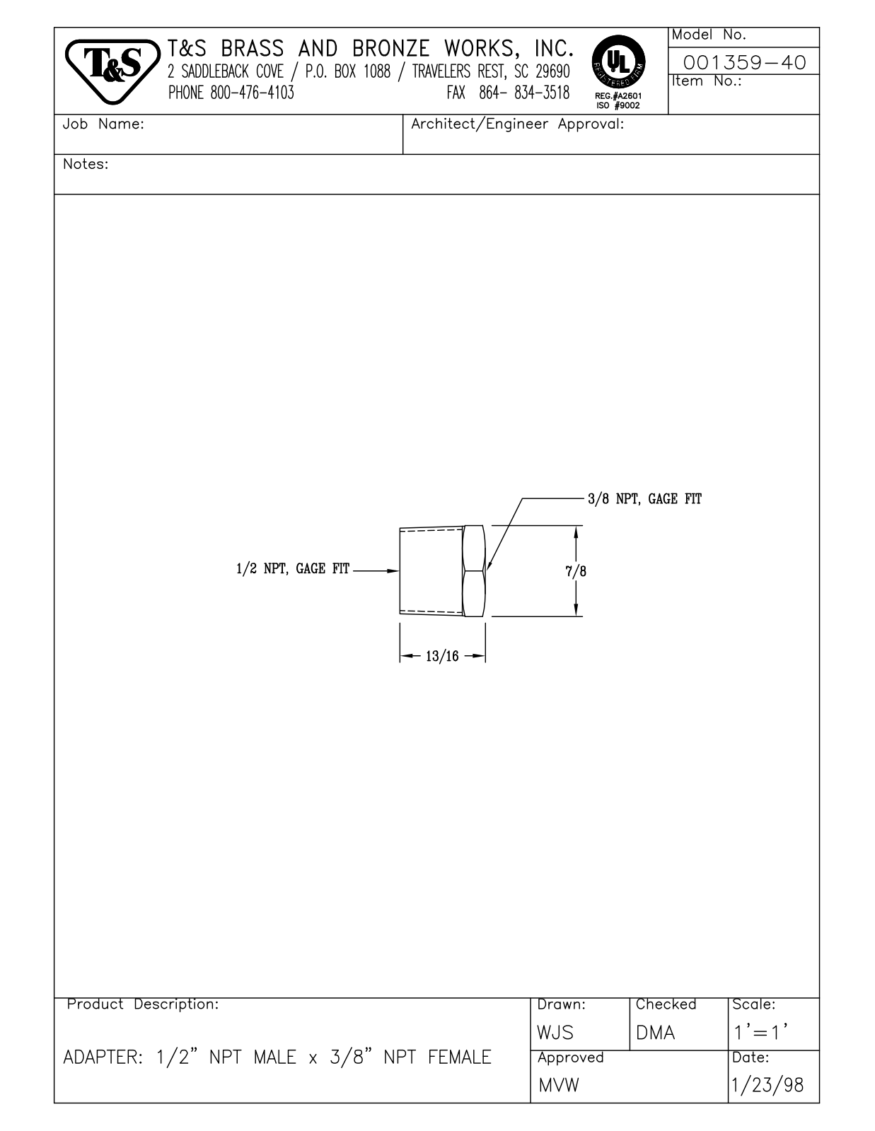 T&S Brass 001359-40 User Manual