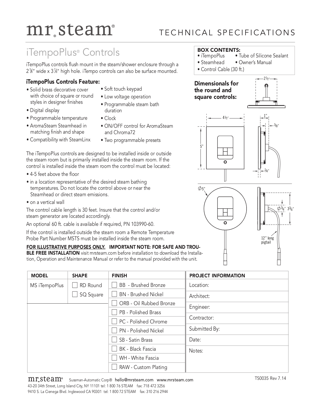 Mr. Steam MSITPLUSRDBB, MSITPLUSRDPC, MSITPLUSRDPB, MSITPLUSRDORB, MSITPLUSRDBN Specifications