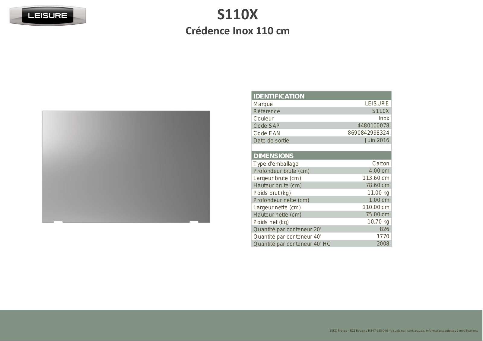 Leisure S110X product sheet