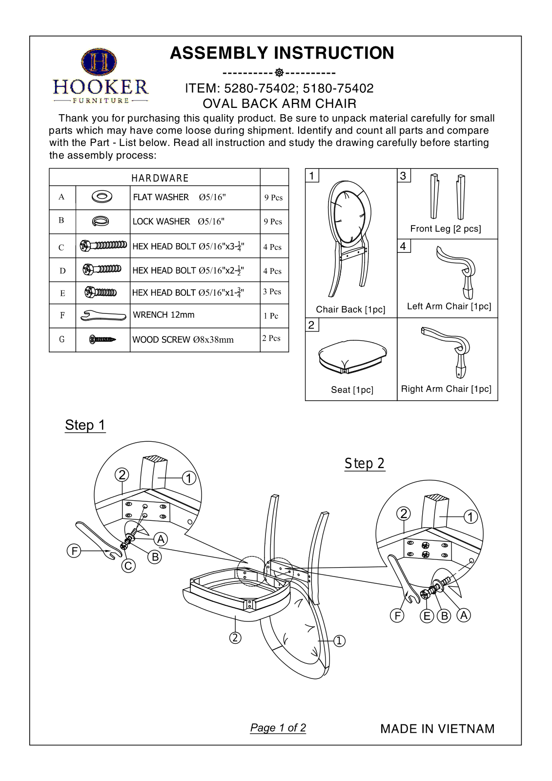 Hooker Furniture 5X8075402, 518075402 Assembly Guide