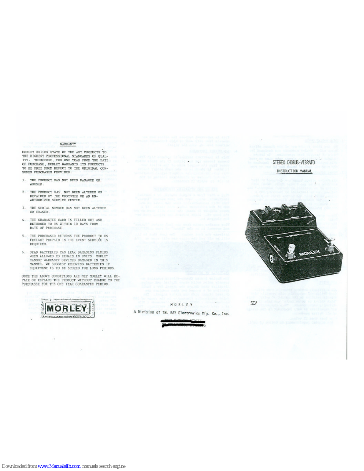 MORLEY PEDALS SCV1, SCV, Stereo Chorus-Vibrato Instruction Manual