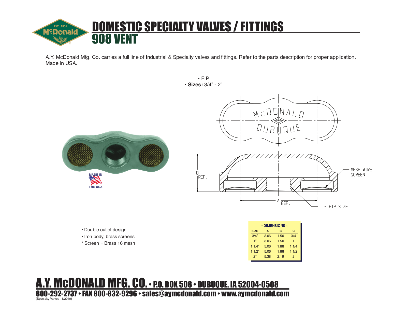 A.Y. McDonald 908 VENT User Manual