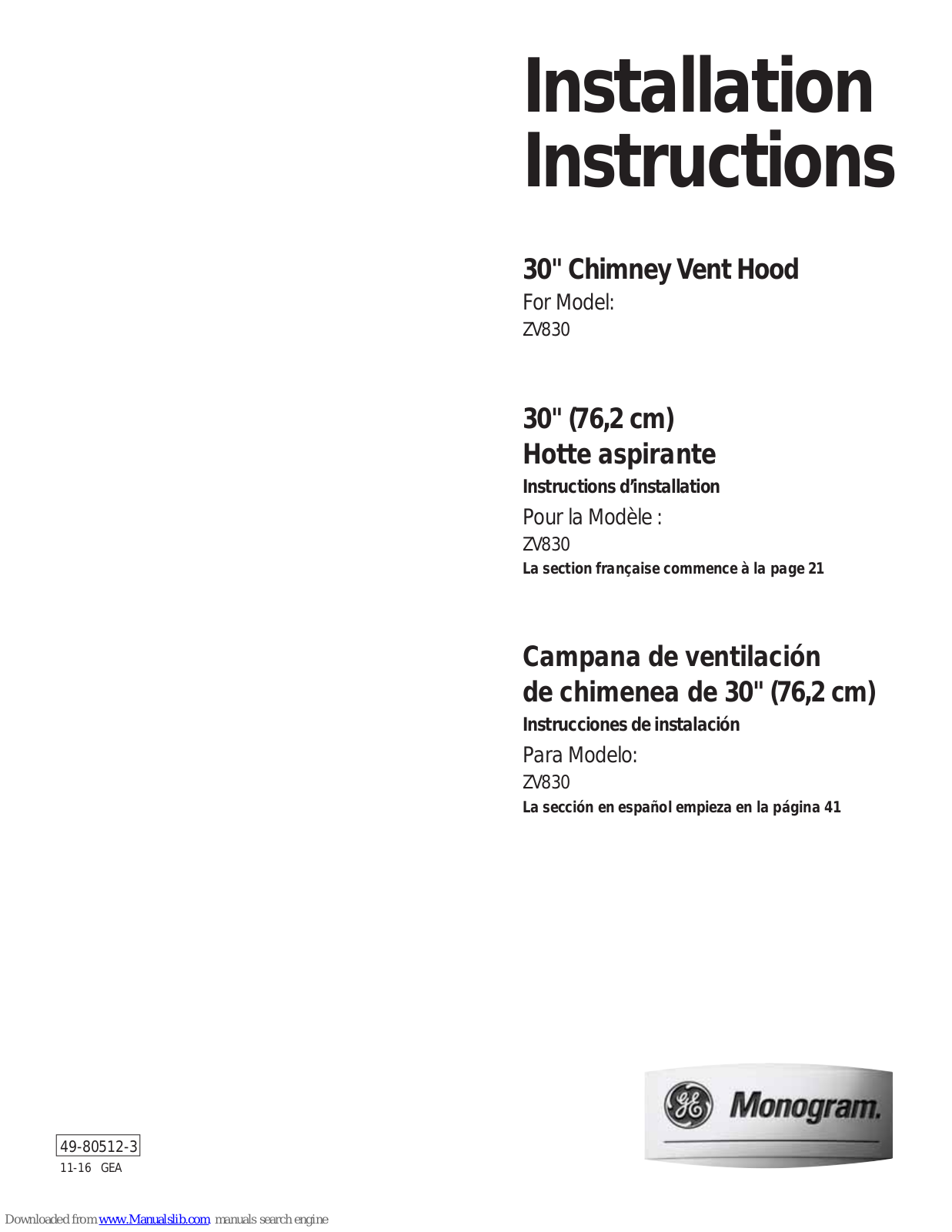 Monogram ZV830 Installation Instructions Manual