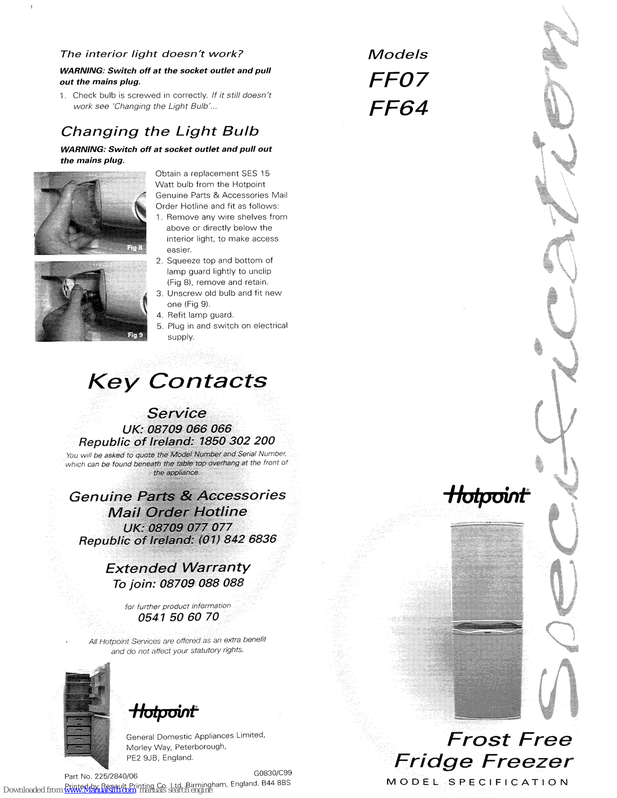 Hotpoint FF64, FF07 Operating Instructions Manual