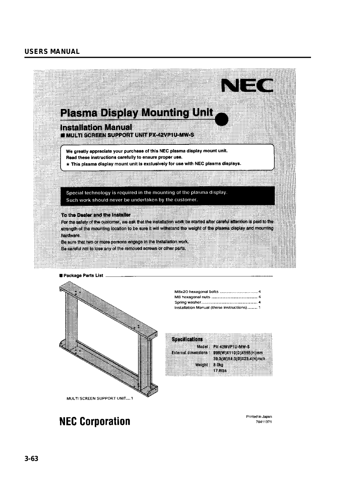 Nec plasma display mounting unit installation Manual