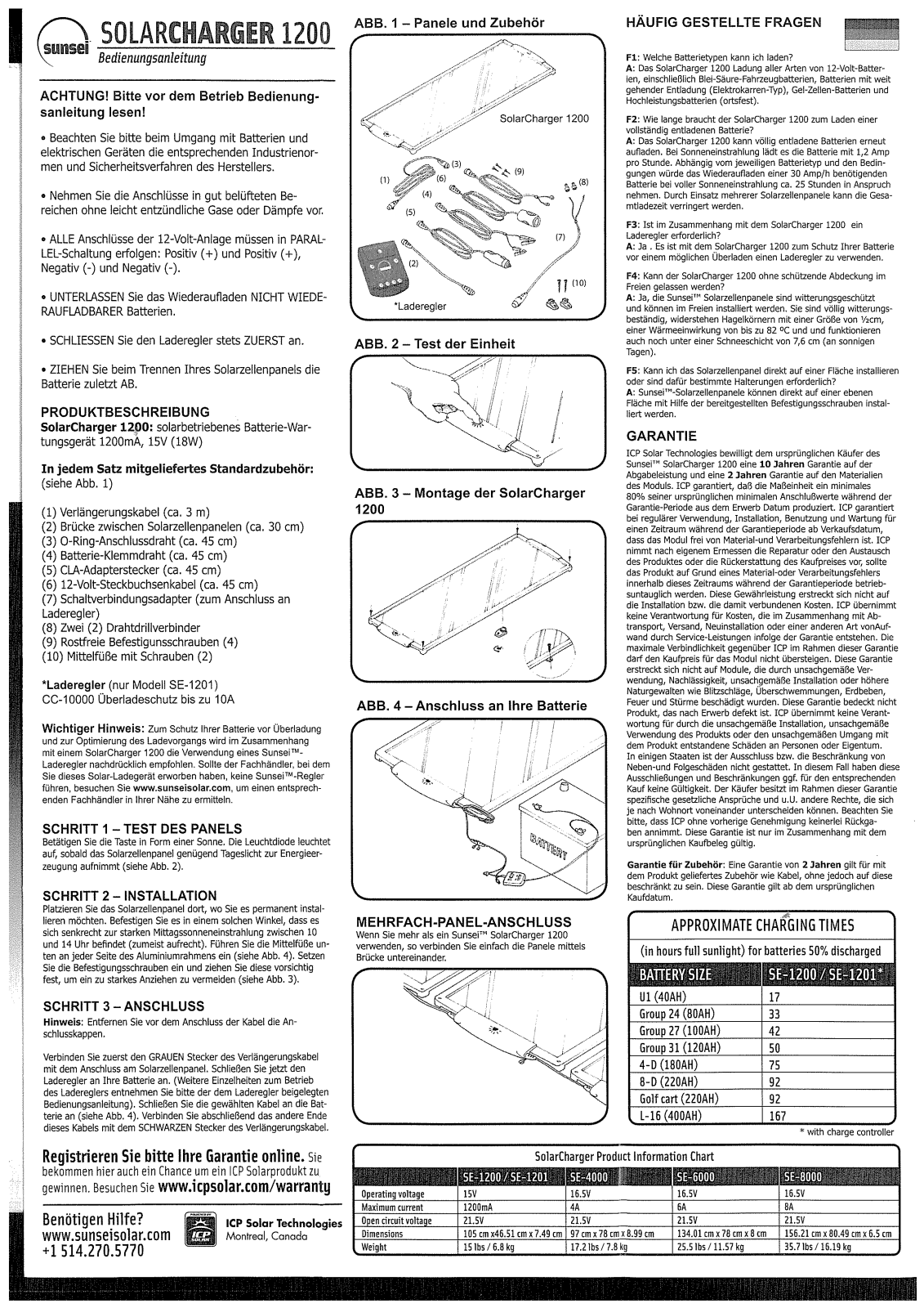 ICP Solar Technologies SolarCharger 1200 User guide