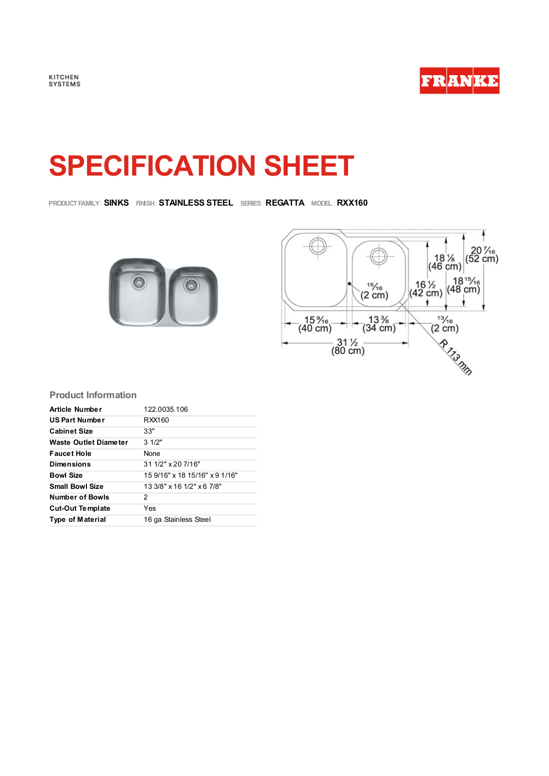 Franke Foodservice RXX160 User Manual