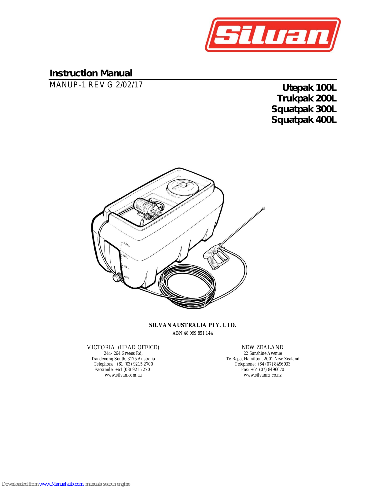 Silvan Selecta Utepak 100L, Trukpak 200L, Squatpak 300L, Squatpak 400L Instruction Manual