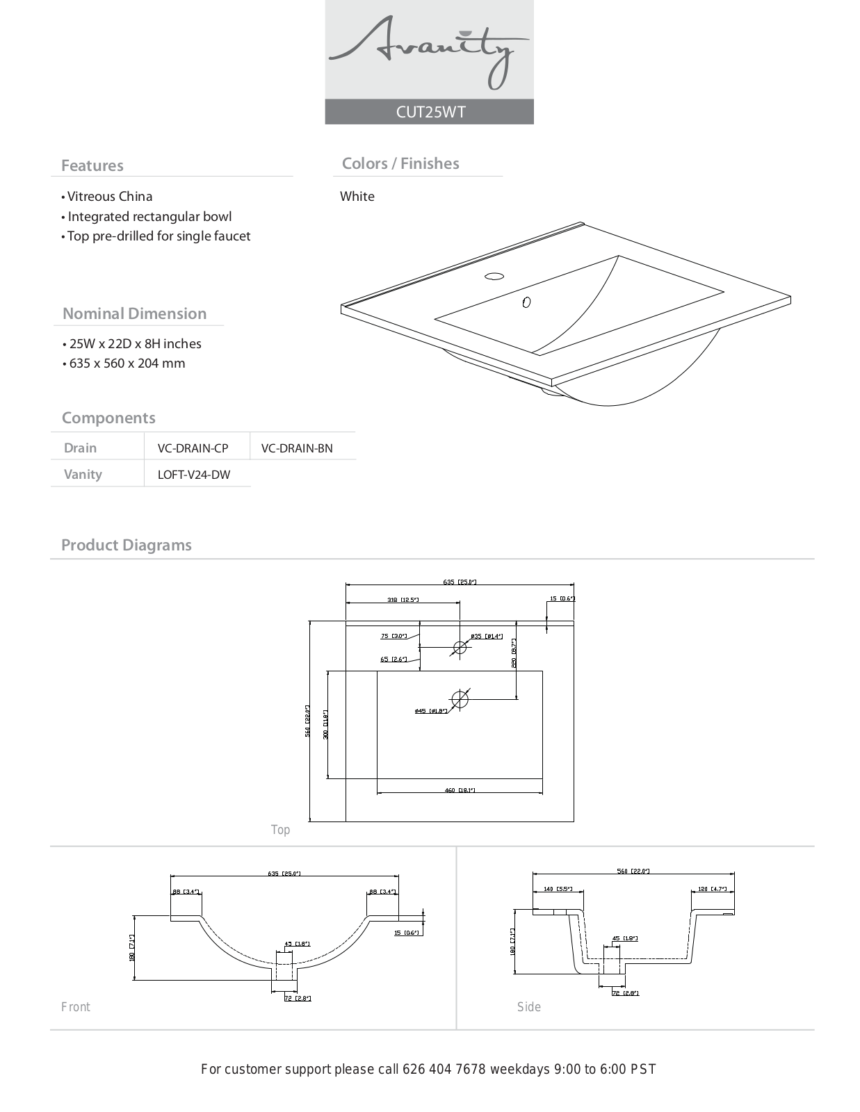 Avanity CUT25WT Specifications