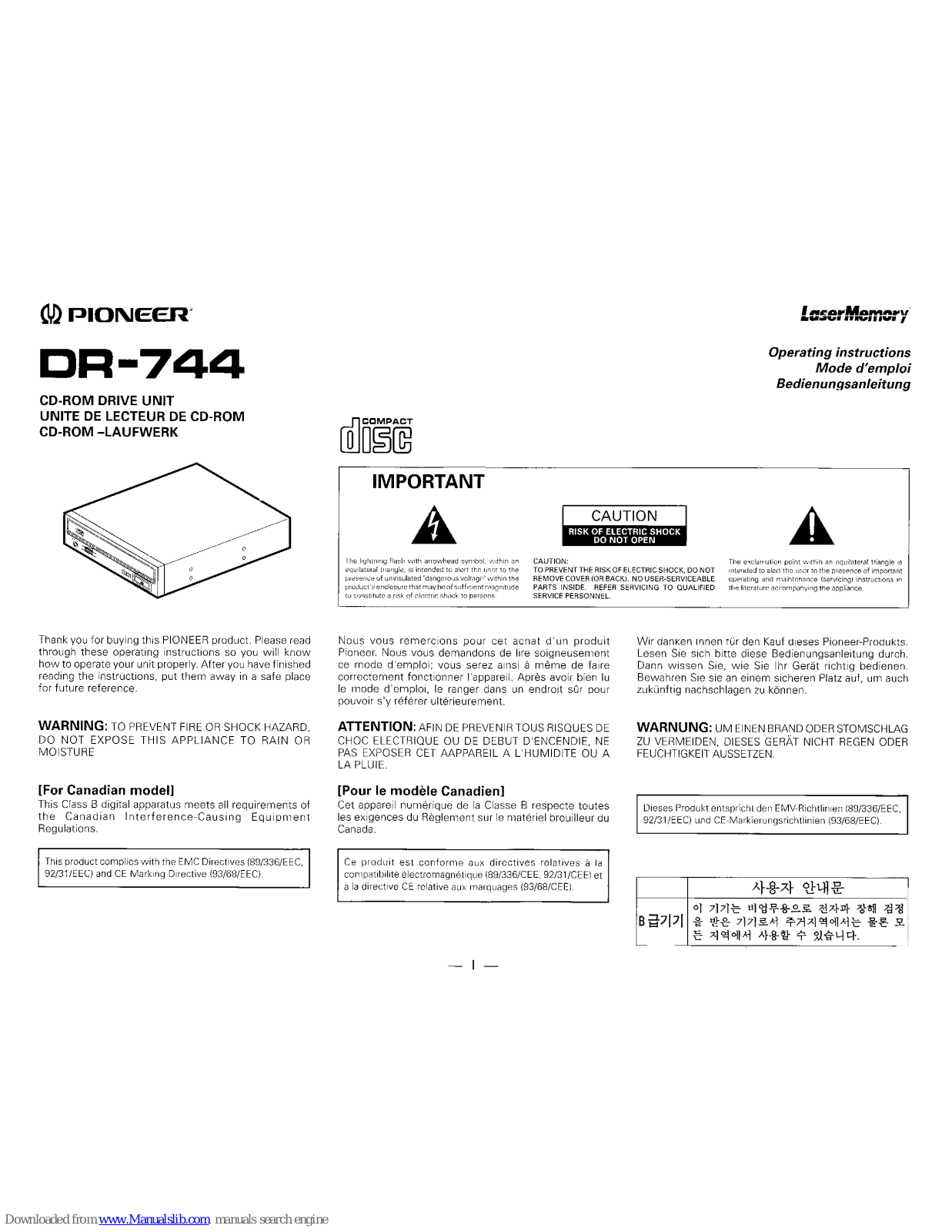 Pioneer LaserMemory DR-744 Operating Instructions Manual