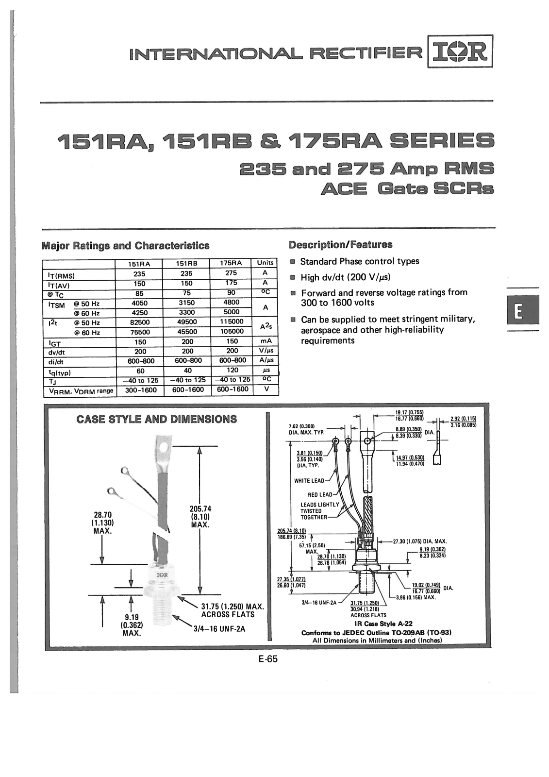 International Rectifier 151RA Series, 151RB Series, 175RA Series Data Sheet