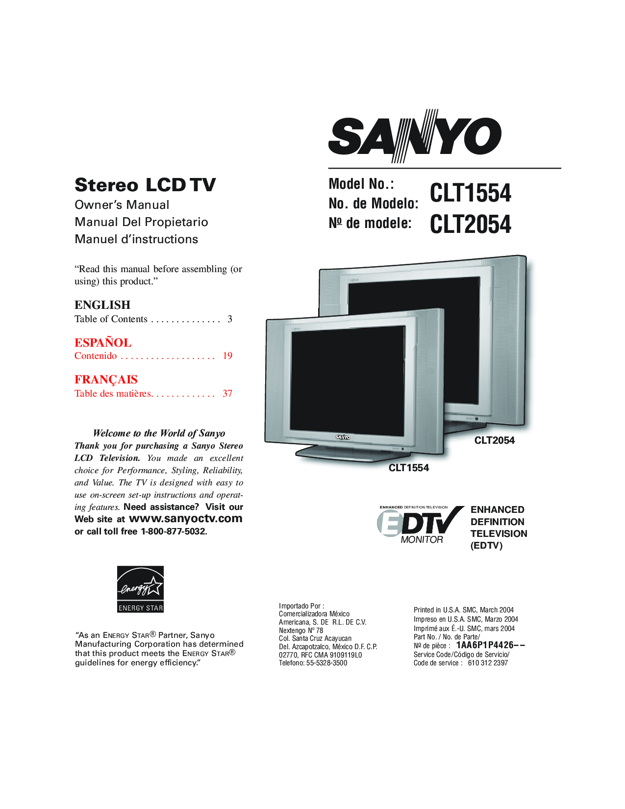 Sanyo CLT1554, CLT2054 User Manual