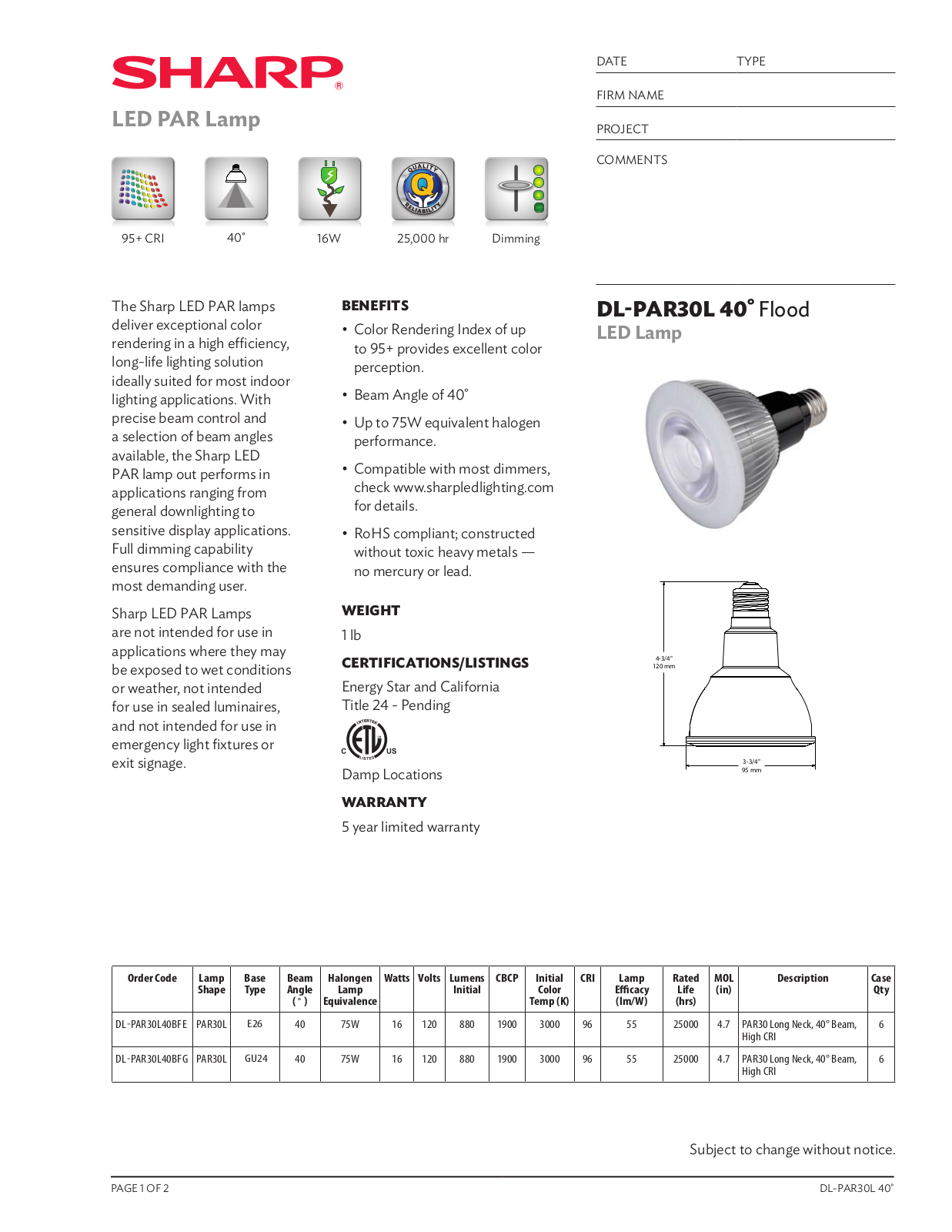 Sharp DLPAR30L40BFE Specification