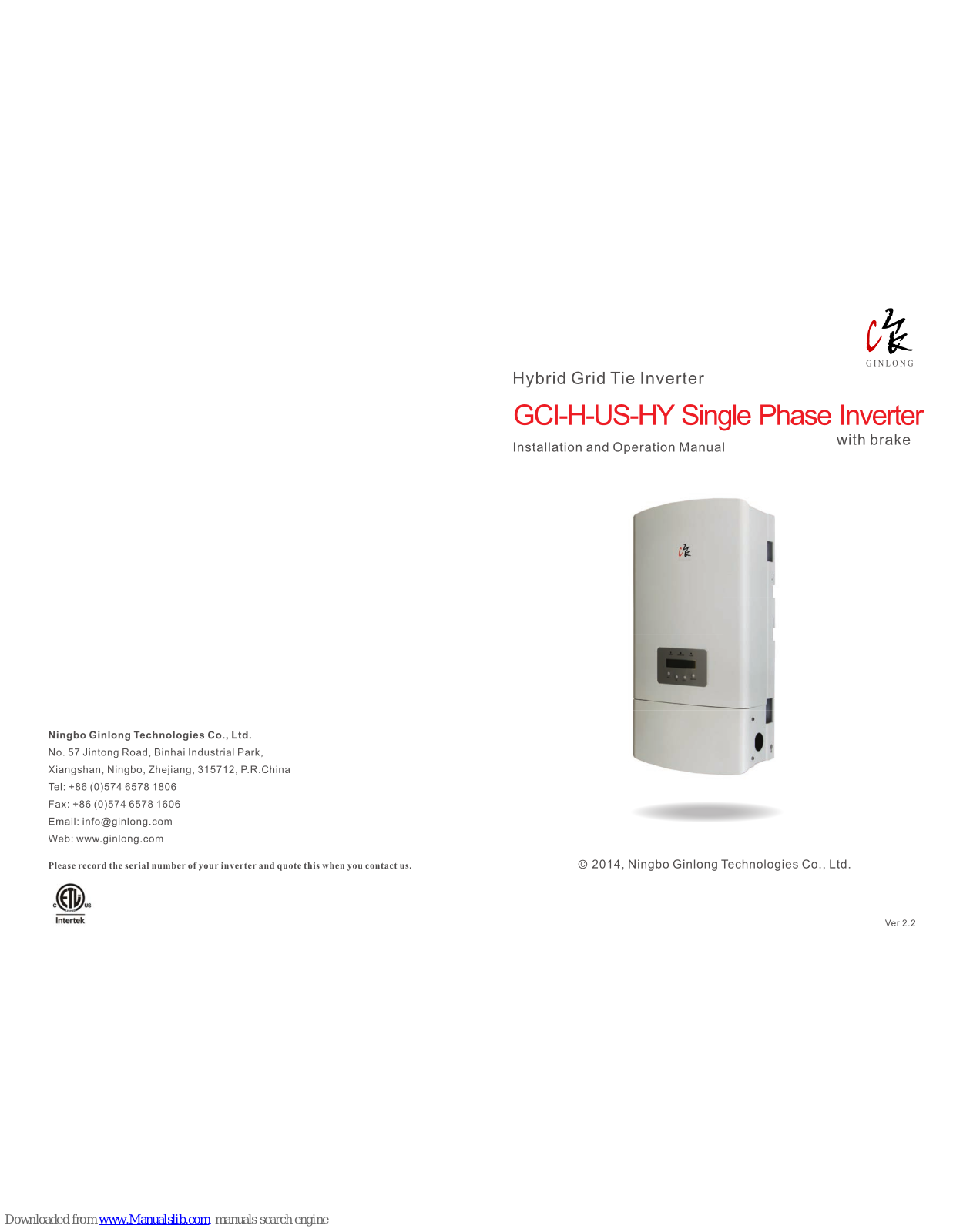 Ginlong GCI-H-US-HY Installation And Operation Manual