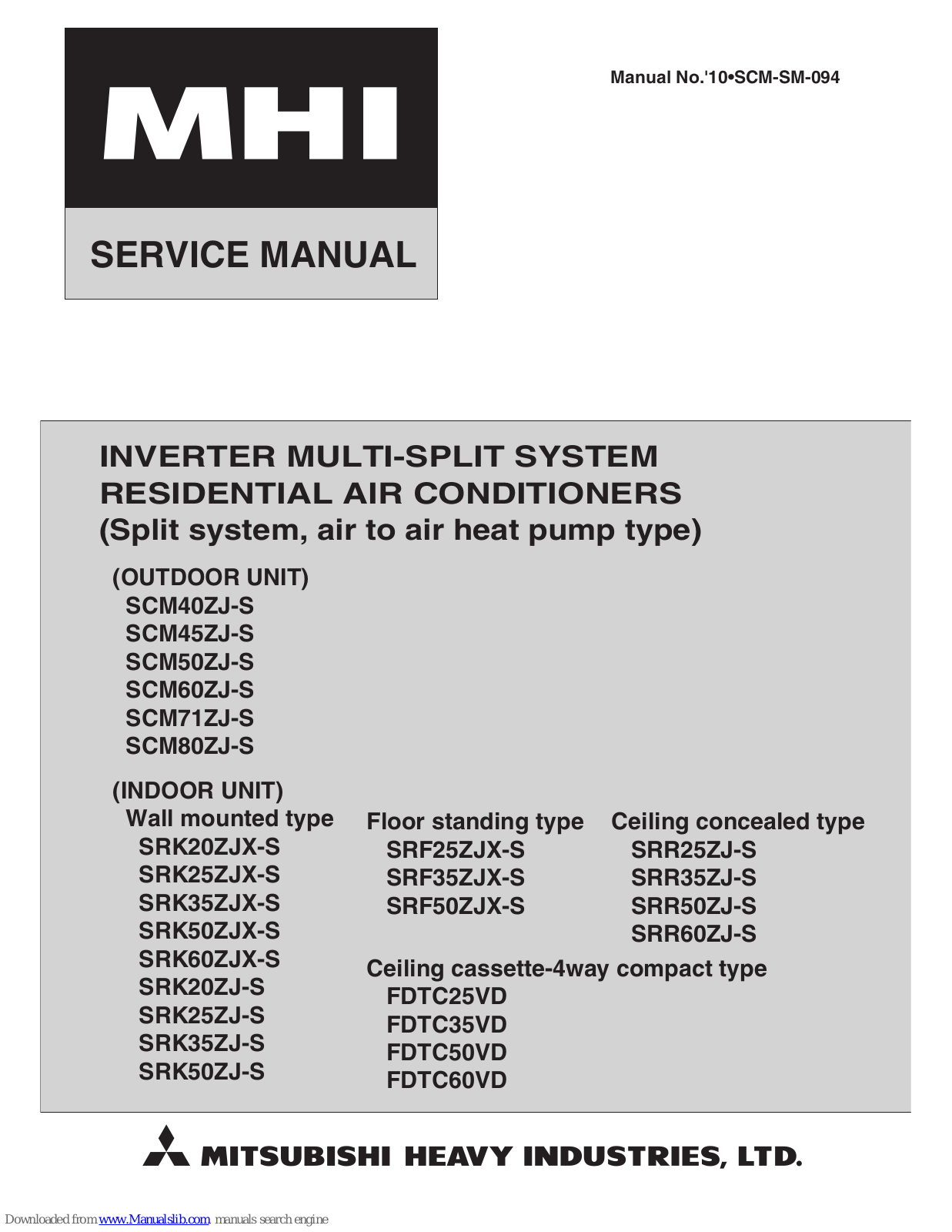 Mitsubishi Heavy Industries SRK20ZJ-S, SRK25ZJX-S, SRK25ZJ-S, SRK35ZJ-S, SRK50ZJ-S Service Manual