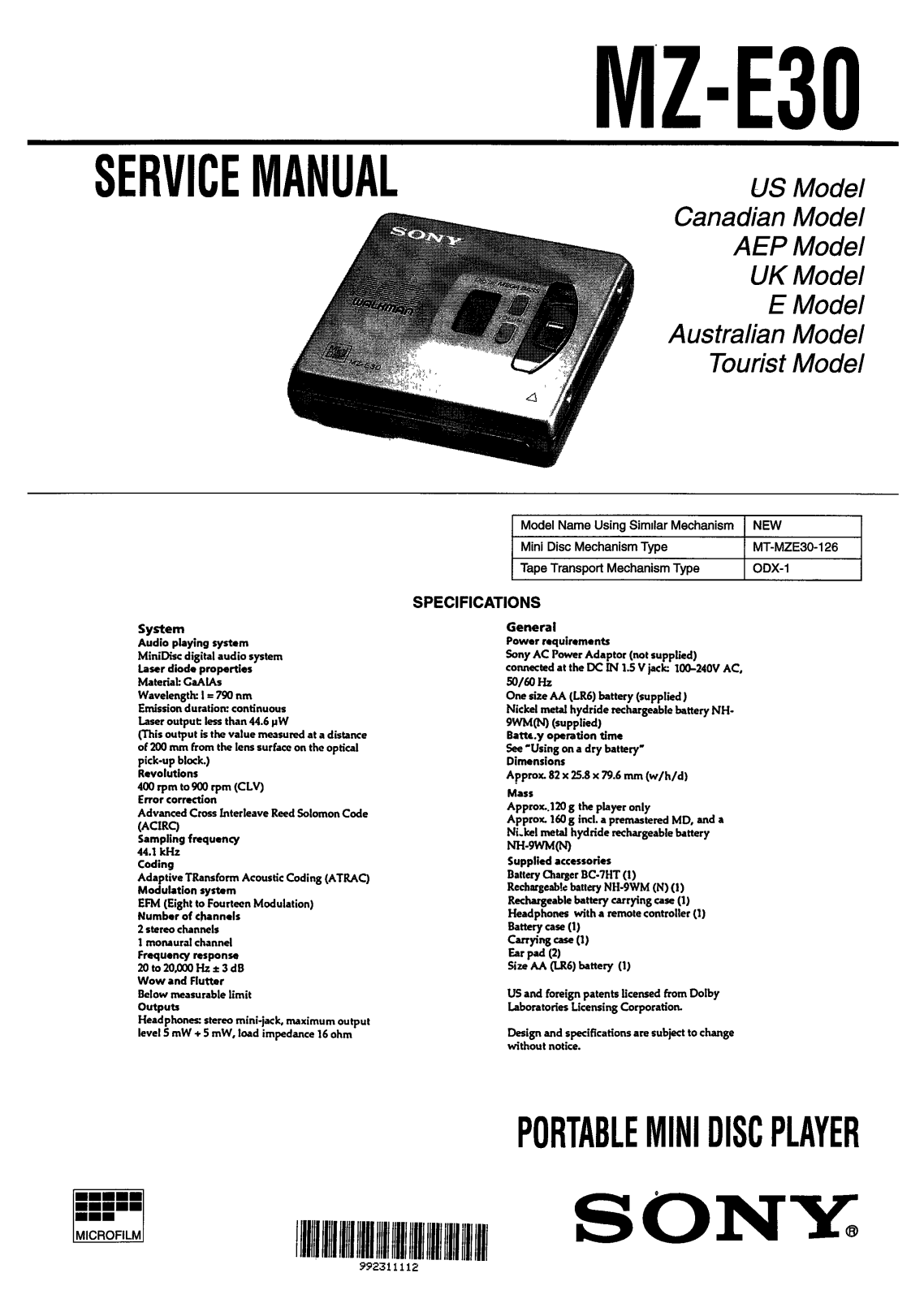 Sony MZE-30 Service manual