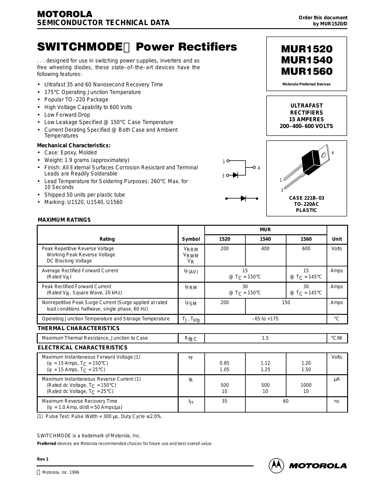 Motorola MUR1560, MUR1520, MUR1540 Datasheet