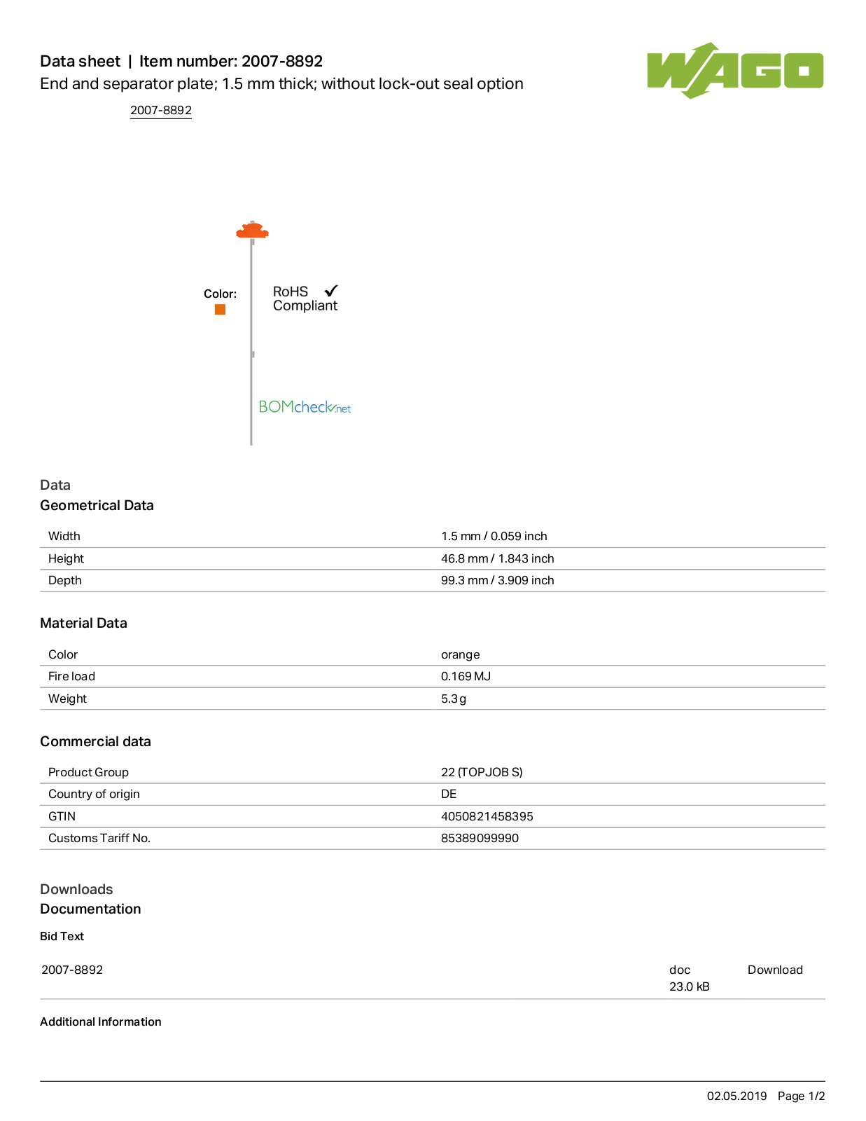 Wago 2007-8892 Data Sheet