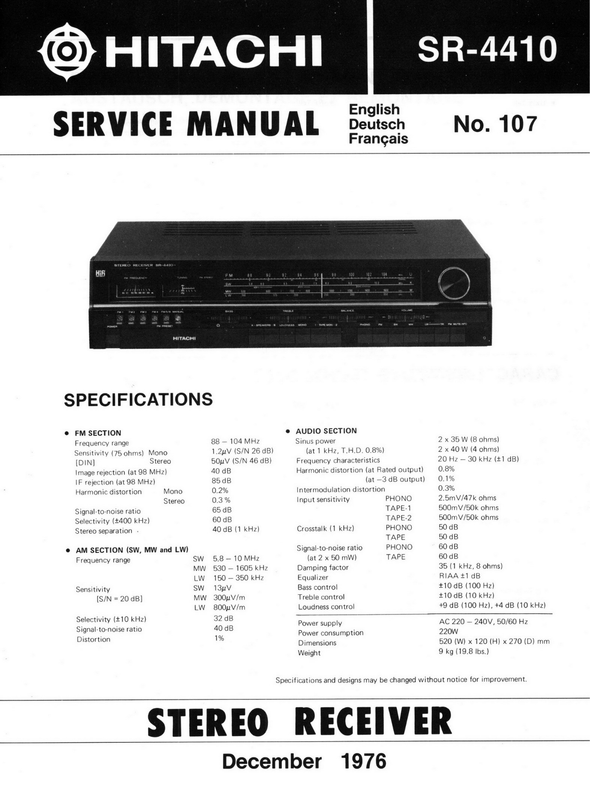 Hitachi SR-4410 Service Manual