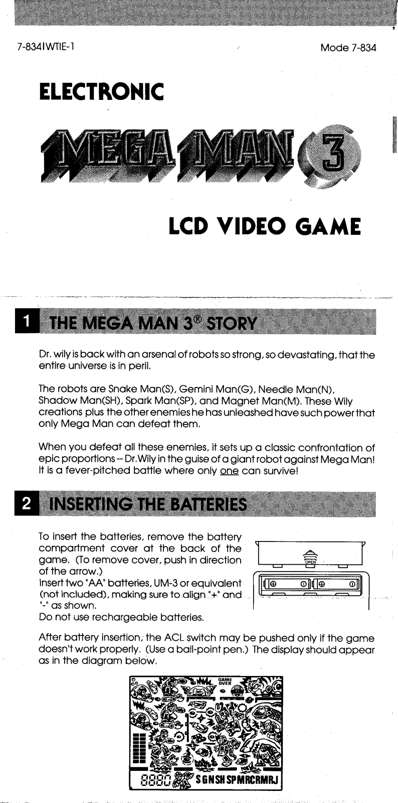 Hasbro Mega Man 3 LCD Video Game User Manual