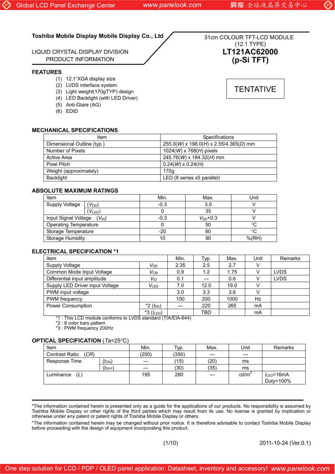 TOSHIBA LT121AC62000 Specification