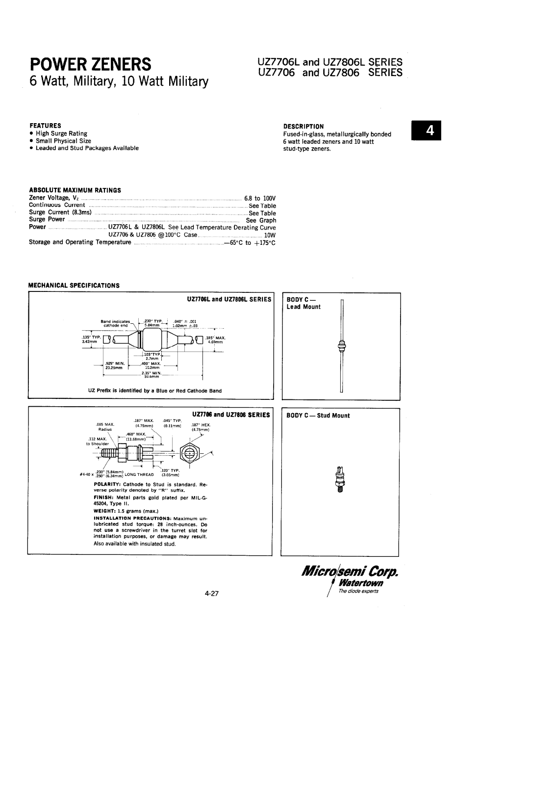 Microsemi UZ7850L, UZ7850, UZ7845, UZ7845L, UZ7840L Datasheet