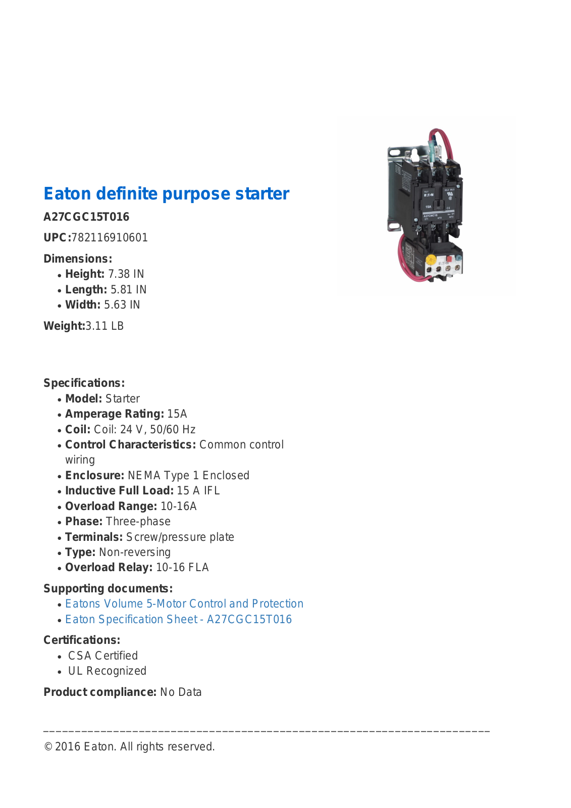 Cutler Hammer, Div of Eaton Corp A27CGC15T016 Specifications