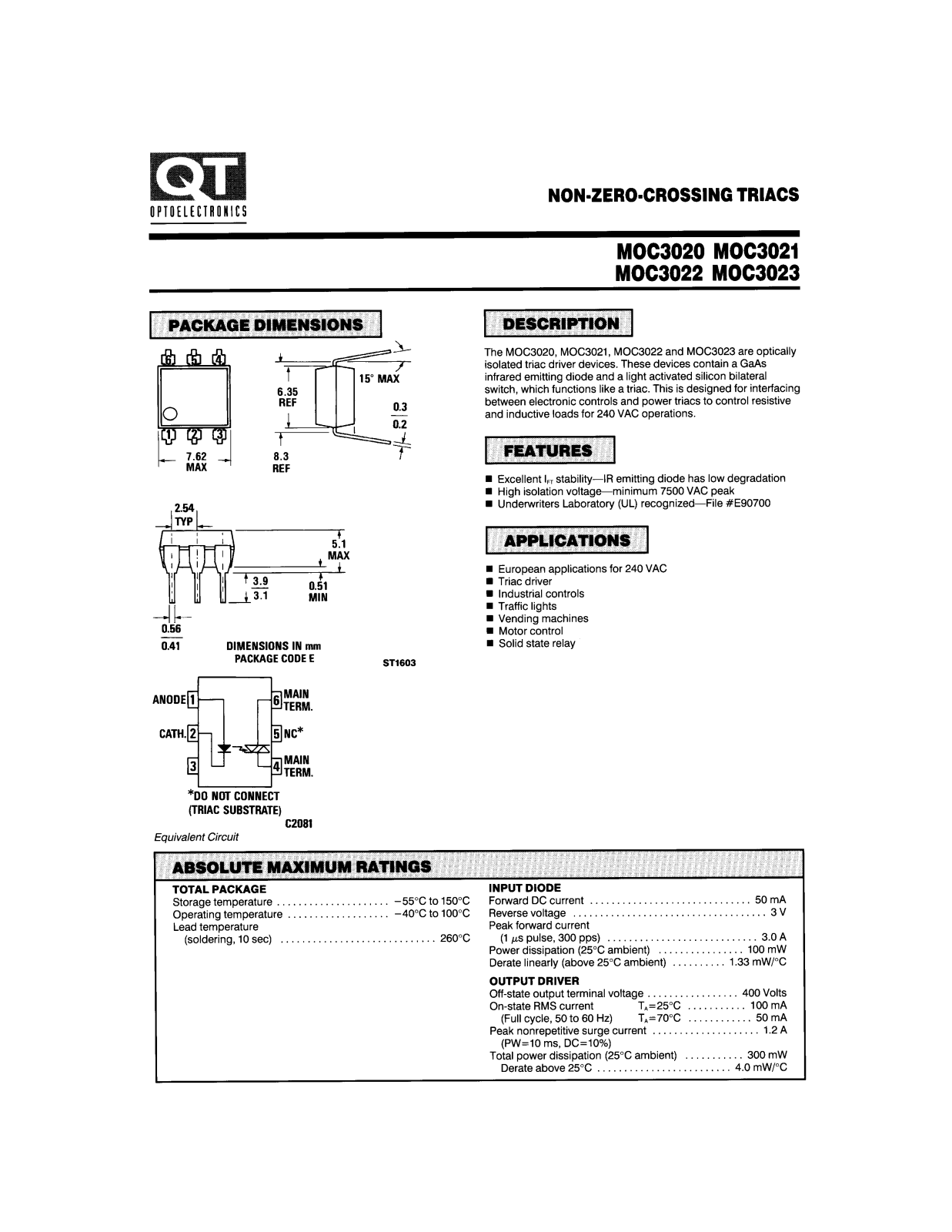 QT MOC3023, MOC3020, MOC3022, MOC3021 Datasheet