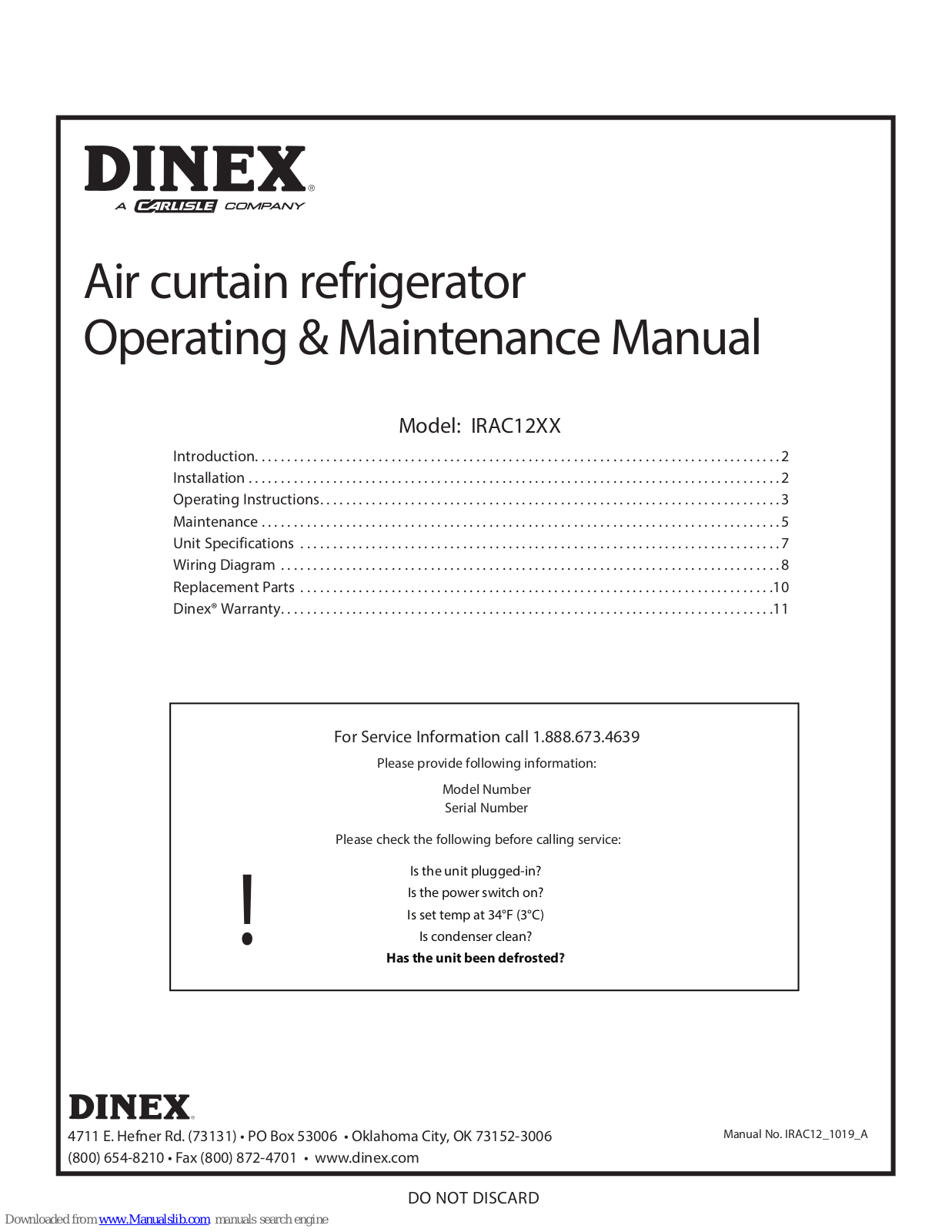 Dinex IRAC12 Series, DXIRAC12RS, DXIRAC12LS Operating & Maintenance Manual