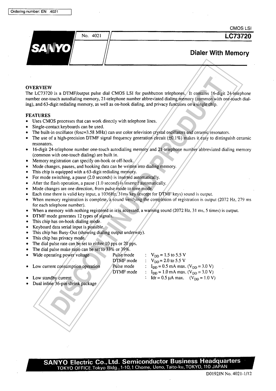Sanyo LC73720 Specifications