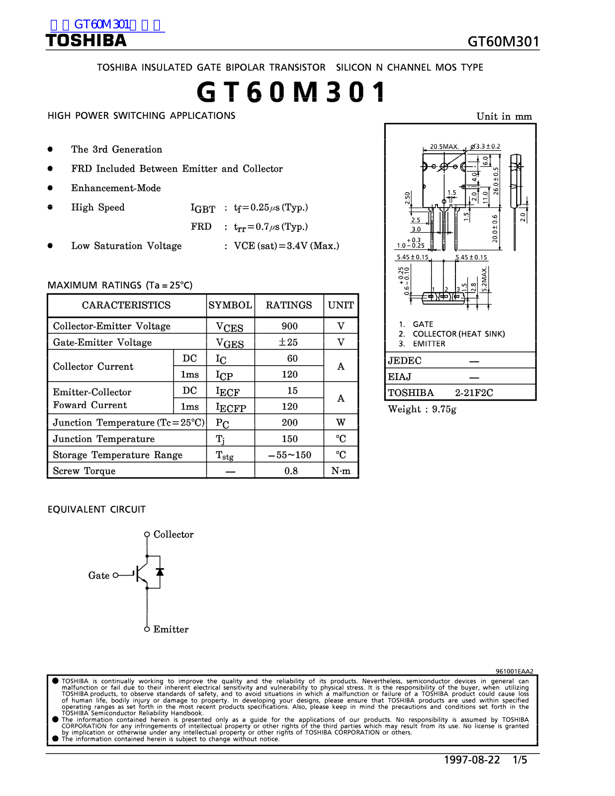 TOSHIBA CT60M301 Technical data