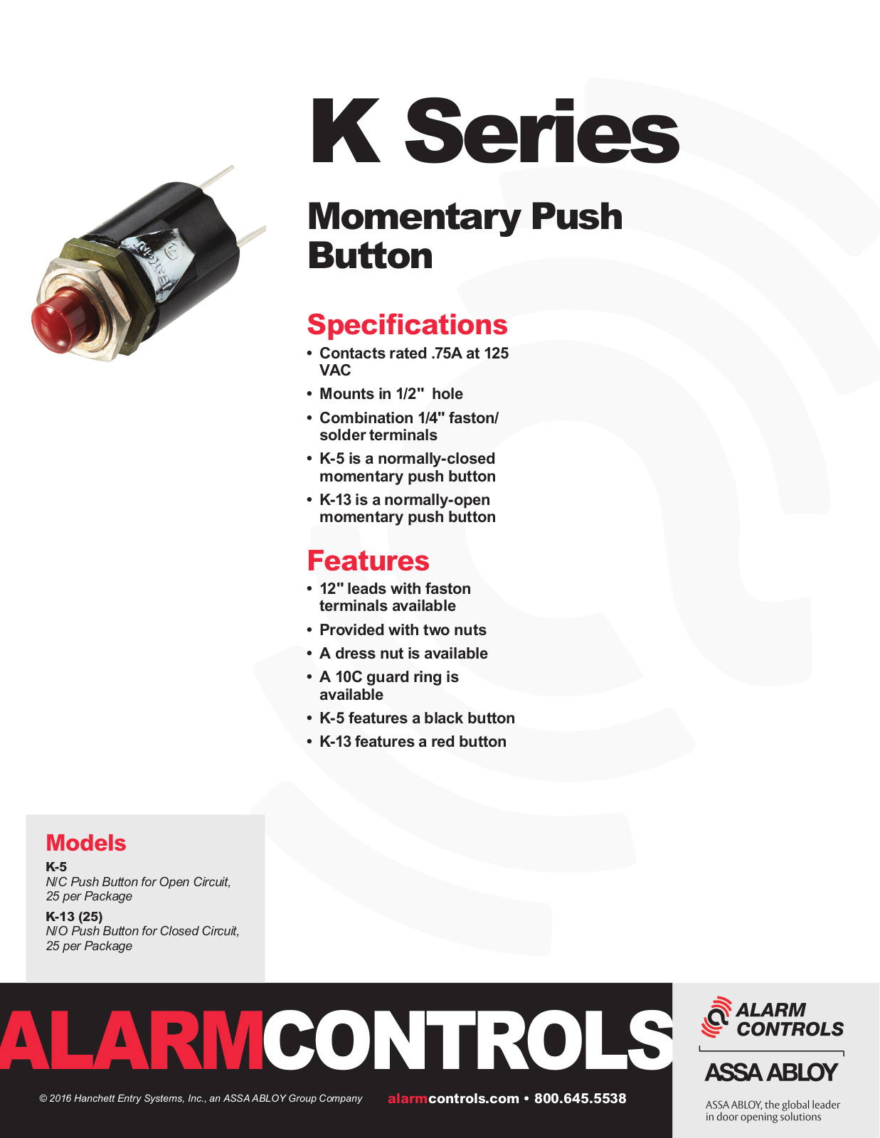 Alarm Controls K-13, K-05 Specsheet